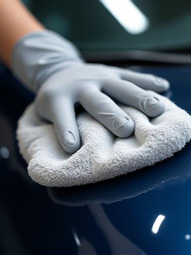 Detailování laku auta zblízka, ruka s mikrovláknem